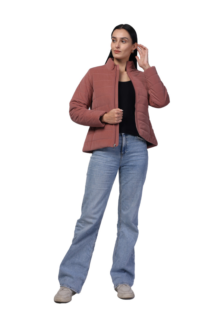 A model showcasing Women Quilted Jacket In Velvet Fabric With Concealed Zipper Pocket thumbnail.